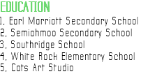 EDUCATION
1, Earl Marriott Secondary School
2, Semiahmoo Secondary School
3, Southridge School
4, White Rock Elementary School
5, Cats Art Studio